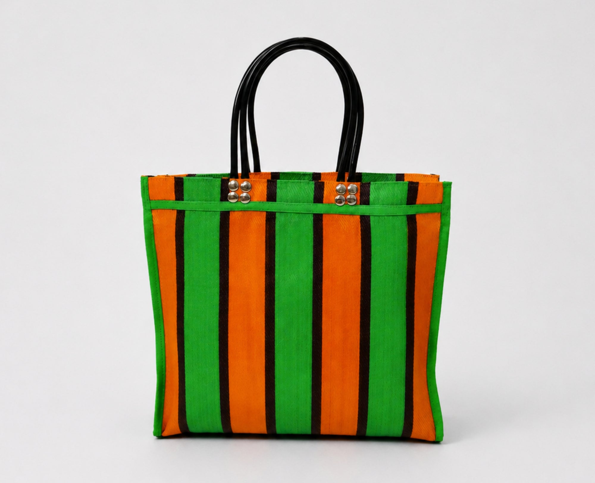 Everyday tote bag with matching pouch in orange and green stripes