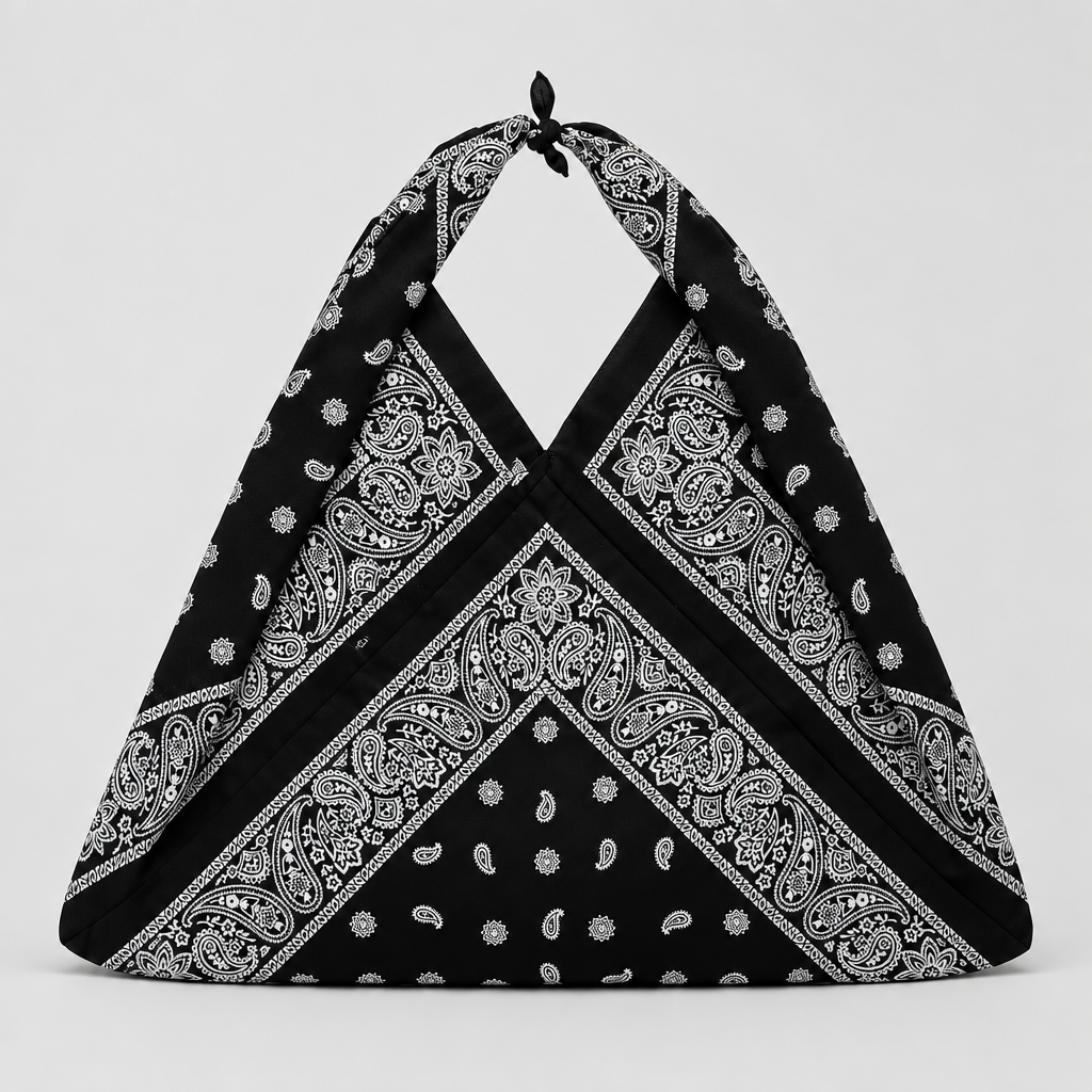 A black halter-style shoulder bag made from a paisley bandana, featuring a tied top knot and a draped triangular shape