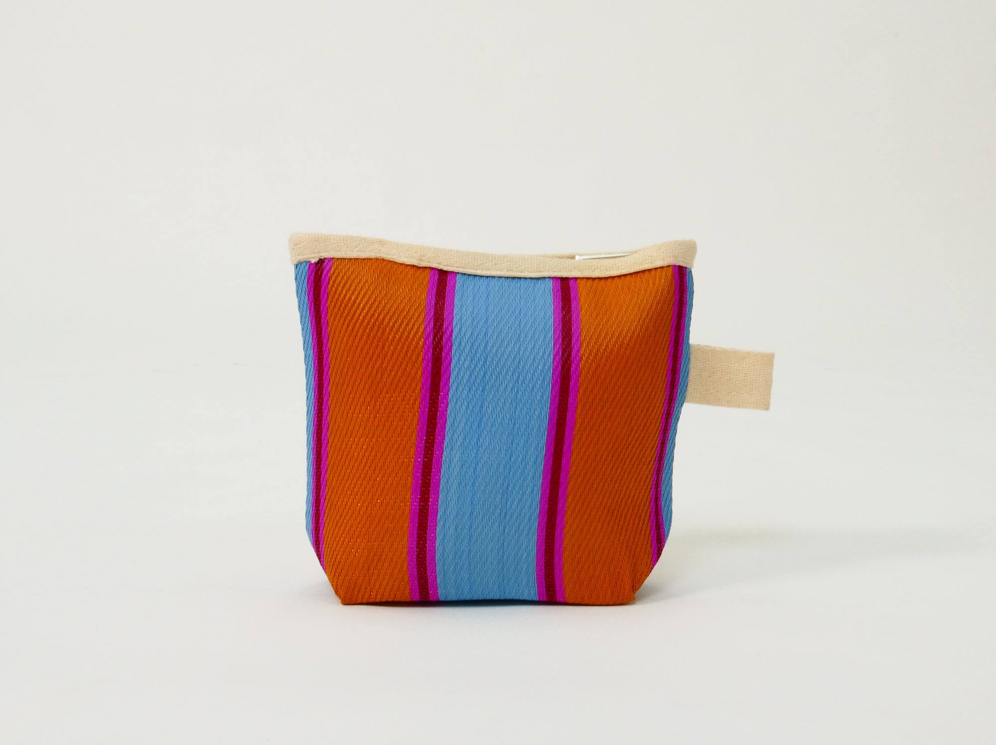 Handmade striped pouch in orange and blue colorway