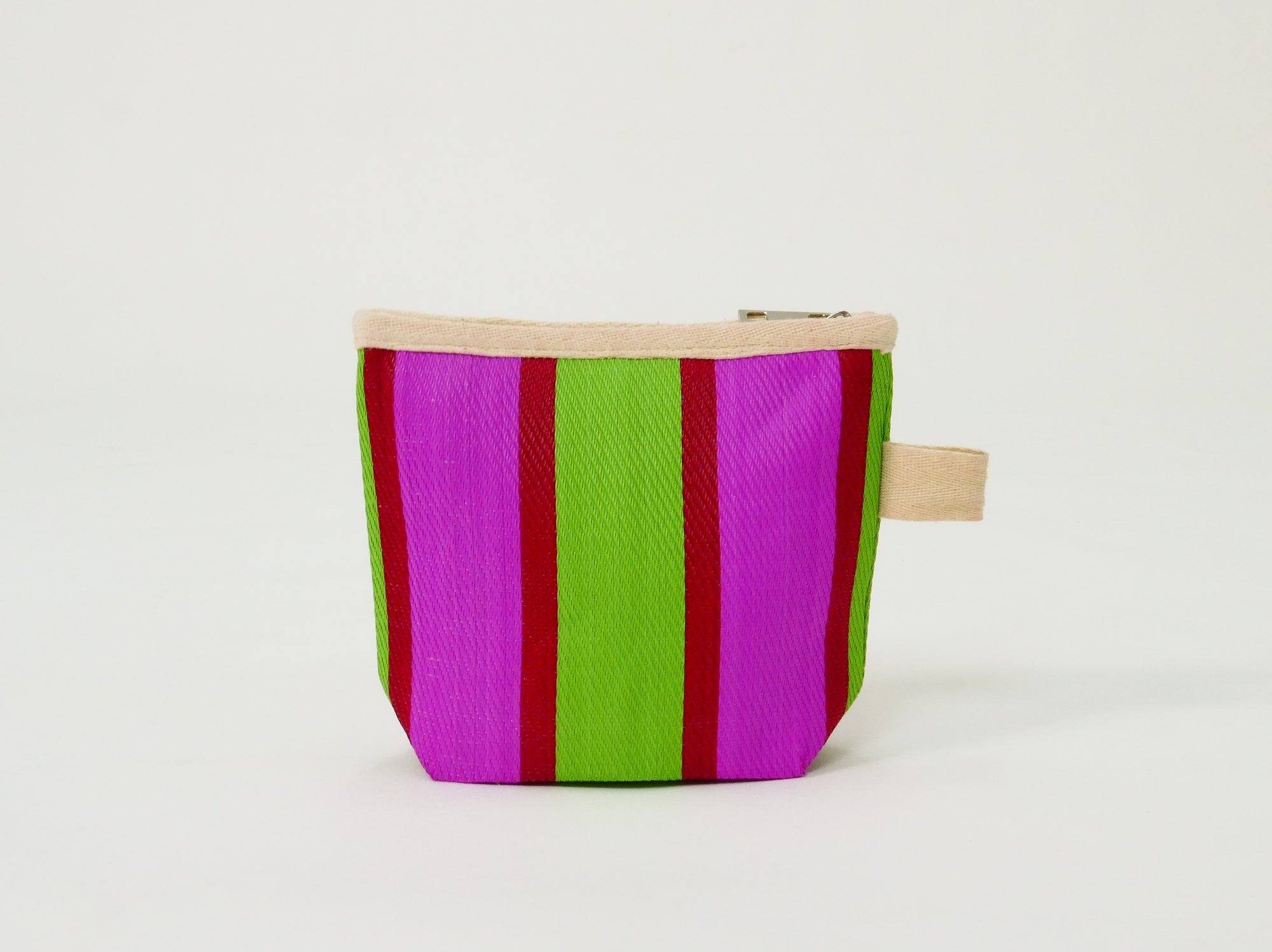The Mini pouch in pink, green, and white stripes made from recycled plastic