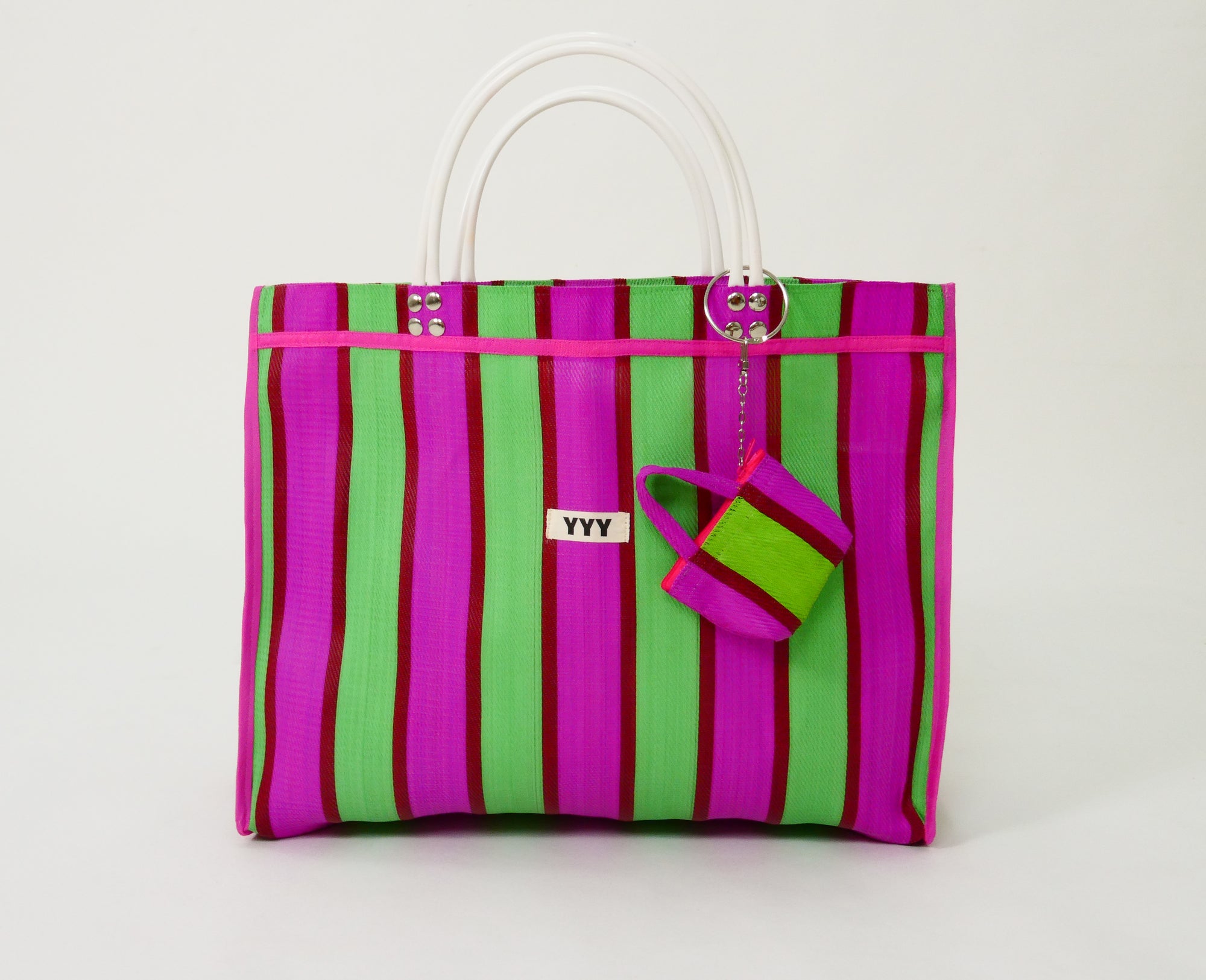 Striped bag with pink and green horizontal stripes