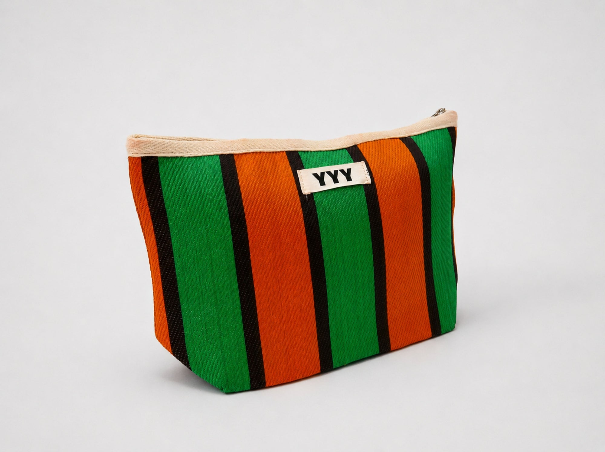 Recycled plastic organizer clutch in orange and green stripes