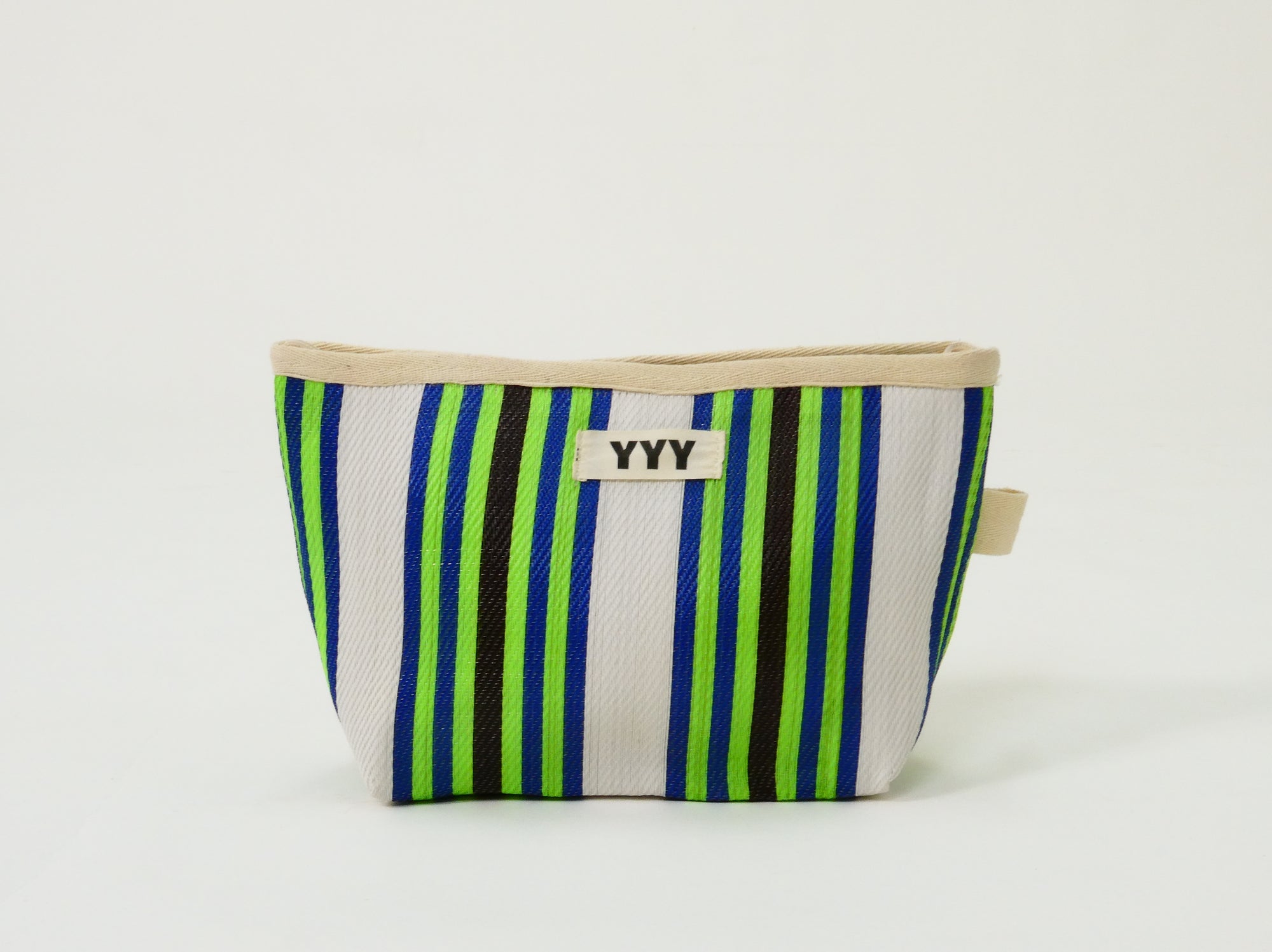 Handmade recycled clutch bag with green, black, and white striped pattern