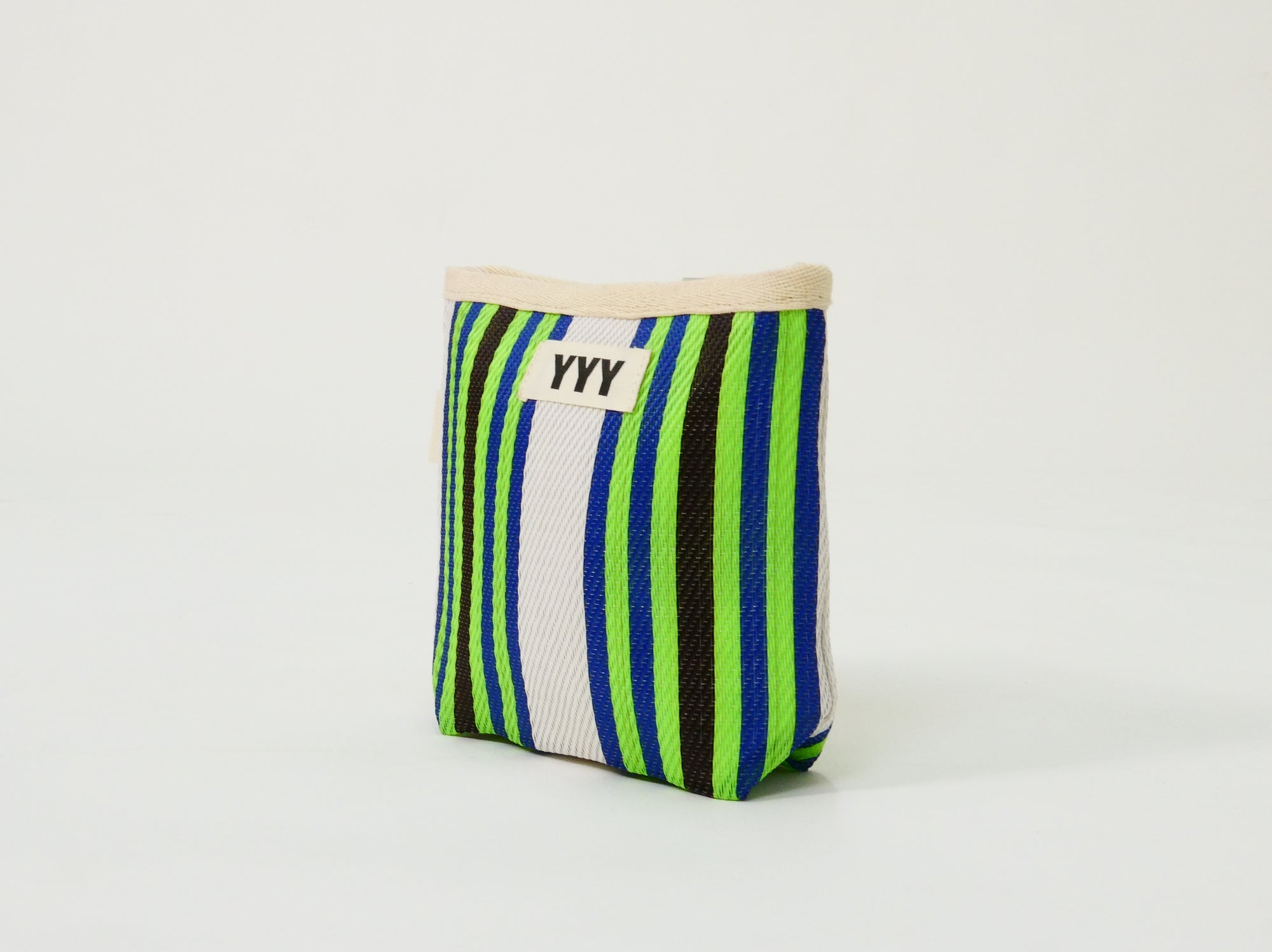 The Mini pouch in green and white stripes made from 100% recycled plastic