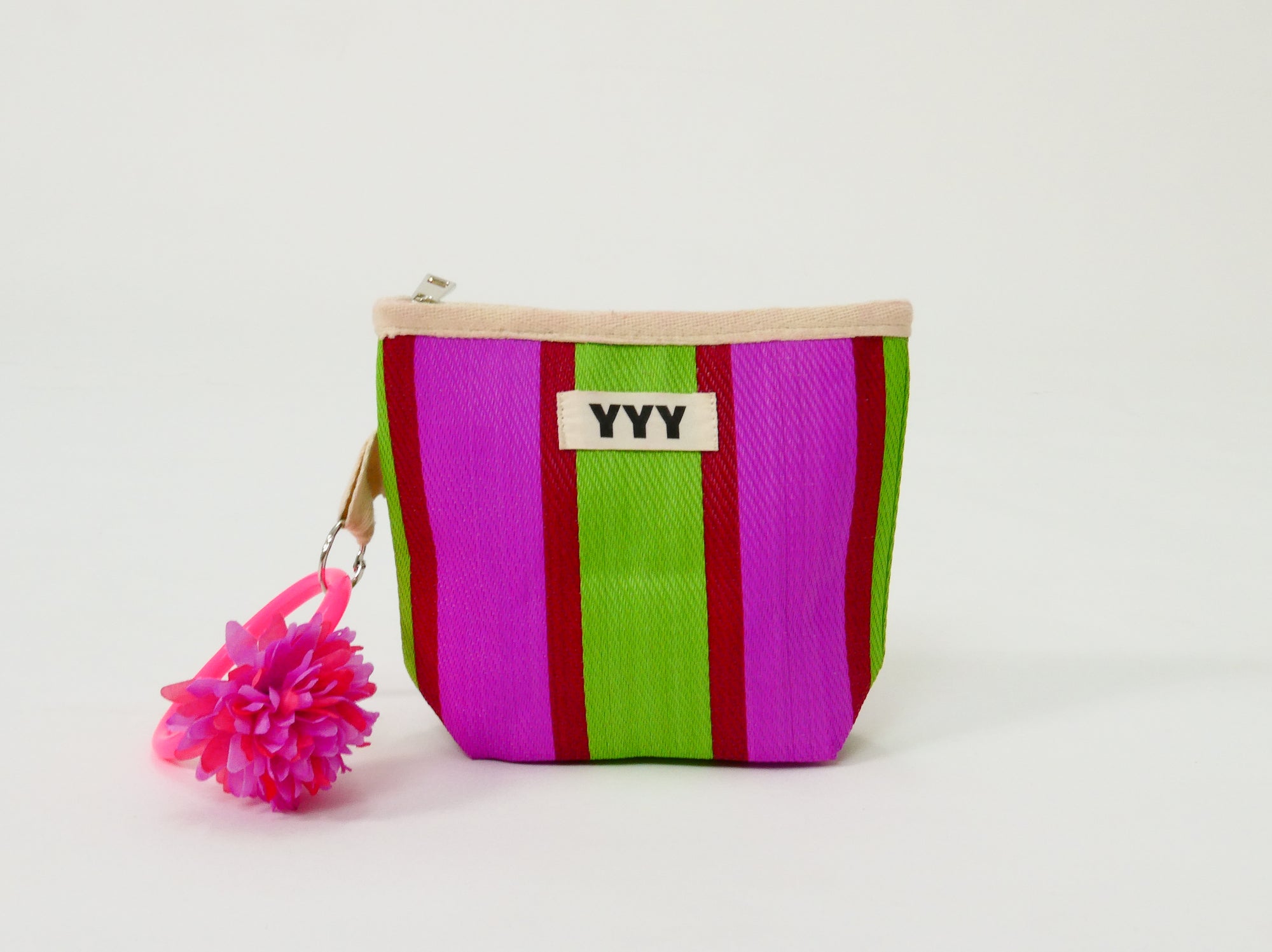 Compact recycled plastic organizer pouch with pink and green stripes