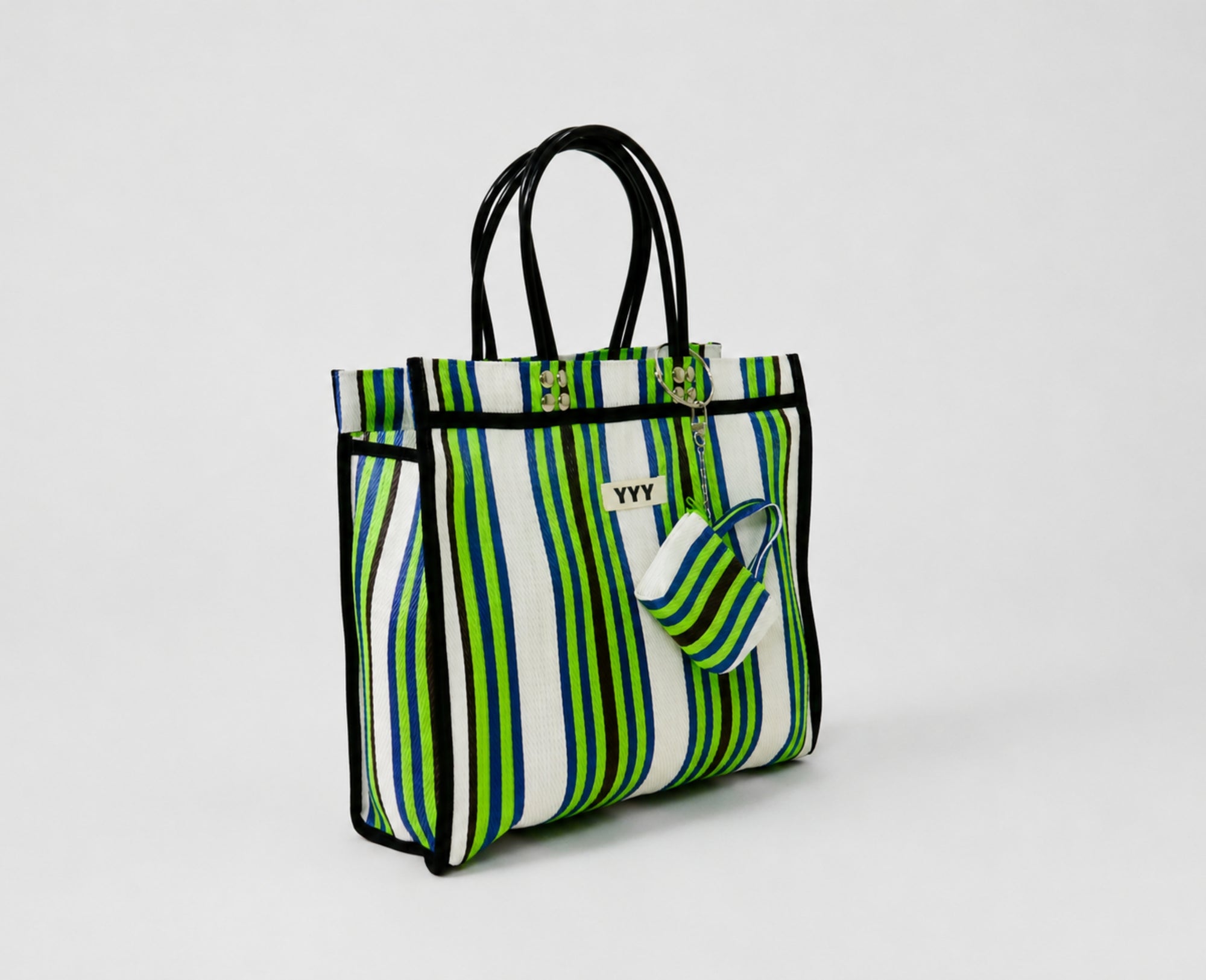 Green and white striped tote bag with matching mini pouch by House of YYY