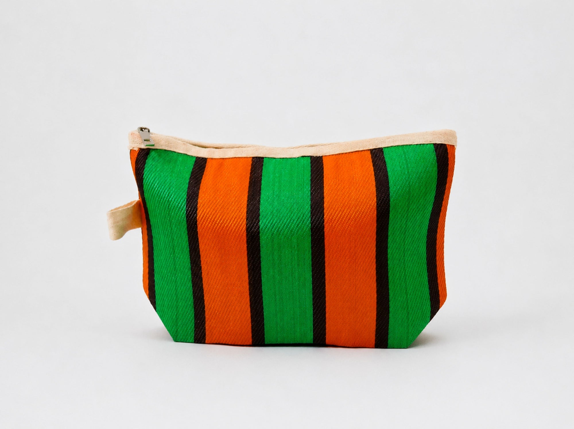 Handmade clutch bag with orange and green striped design