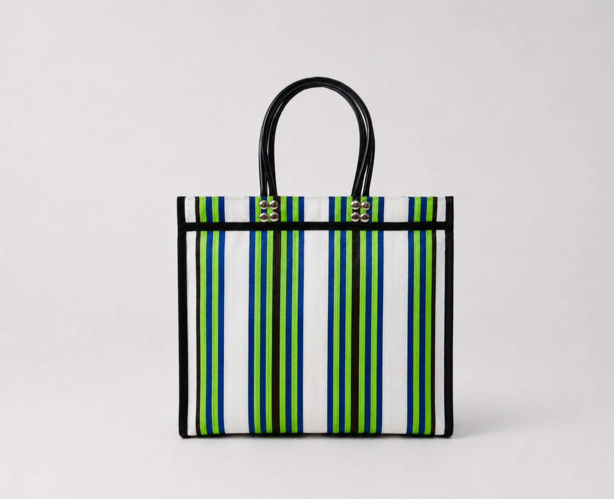 Handmade recycled plastic tote bag featuring green and white stripes