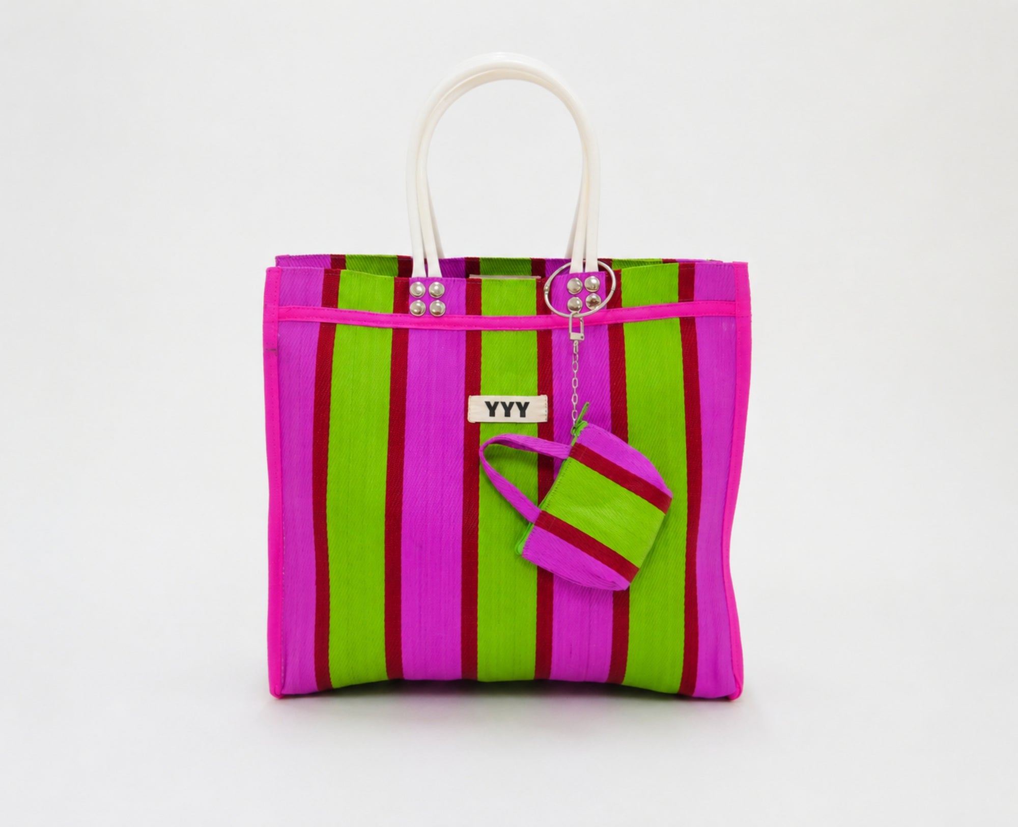 The Tote handmade bag in pink and green stripes made from recycled plastic