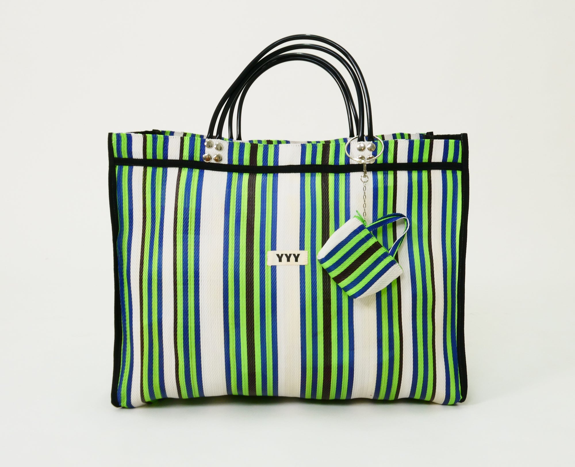 Striped handbag in bright colors with a matching pouch 